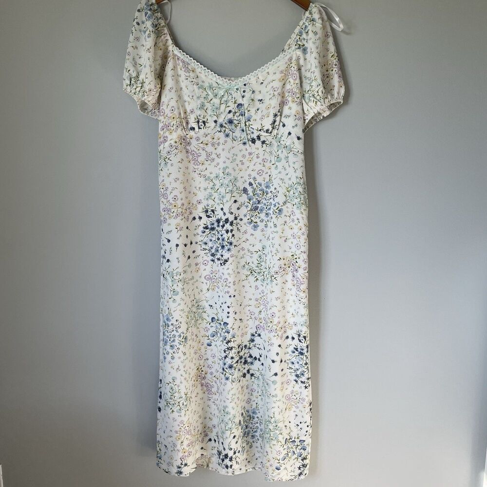 Monteau Los Angeles Floral Print Midi Dress Cream Cap Sleeves Women's Size Large
